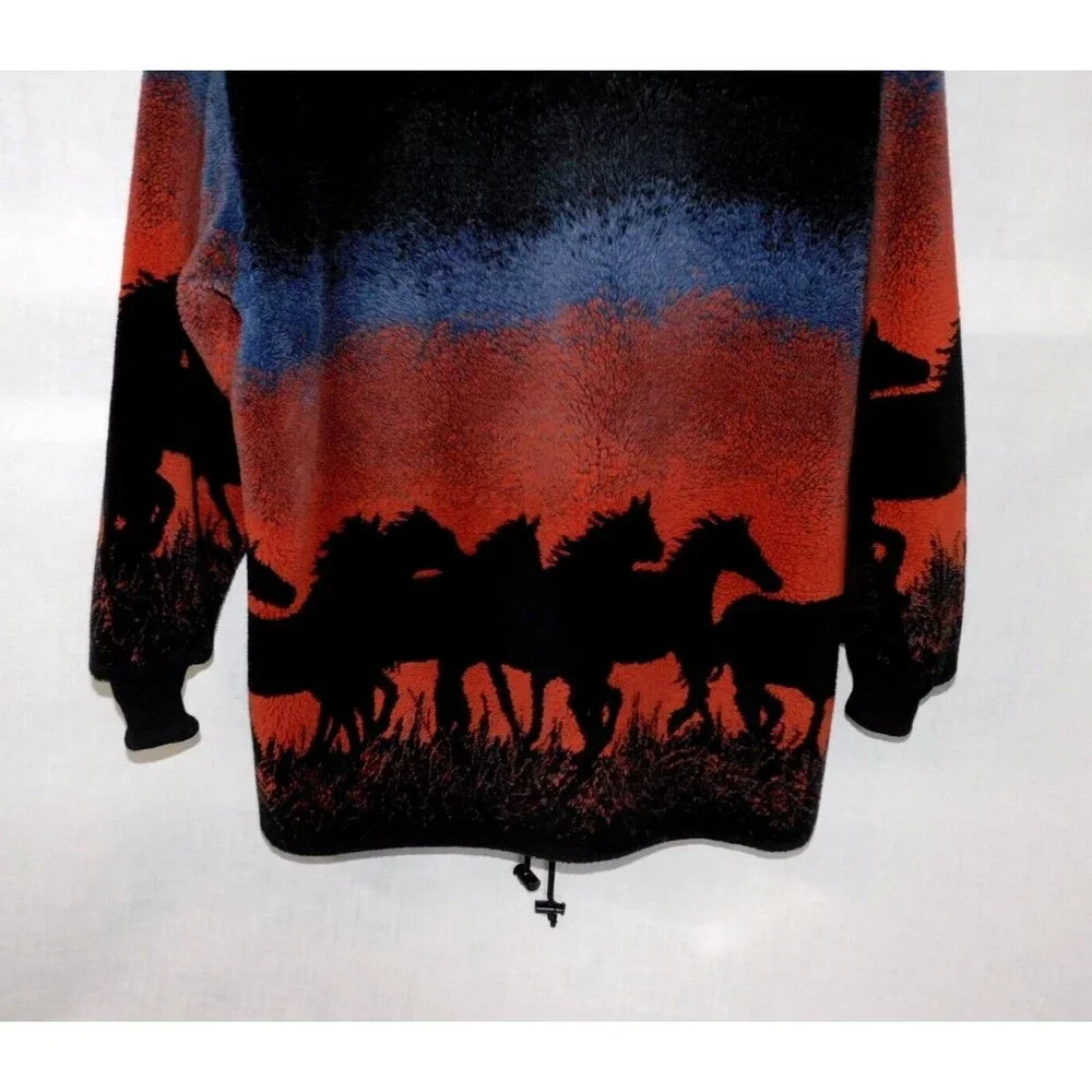 VTG 90s Unisex Adult XL Full Zip Plush Fleece Jacket Sunset running Wild Horses - Picture 6 of 7